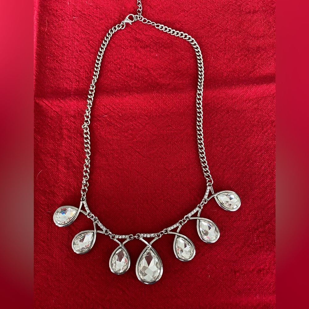 Vintage Silver tone necklace with teardrop clear crystals 9 inches to 11 inches